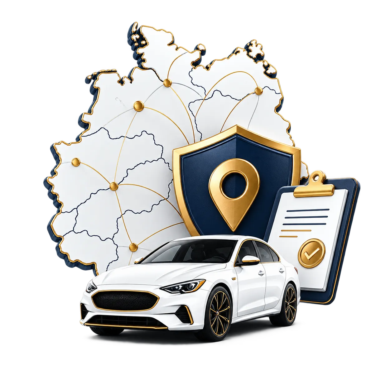 Fahrzeug vor Deutschlandkarte mit Schutzsymbol